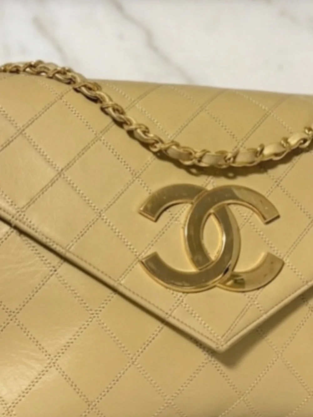 VINTAGE CHANEL Quilted Envelope Bag in Beige with Gold Hardware. Oversized CC
